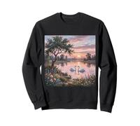 Cygnes Blancs sur Le lac en Rose Pastel au Coucher du Soleil avec Fleurs Sweatshirt