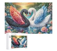 Cygnes Noirs avec cœur de Pierre précieuse Parmi Les Fleurs Puzzle 1000 Pièces pour Couples Défi Puzzle Pensée Logique Cadeau pour Célébration 1000 PCS