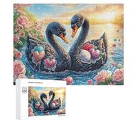Cygnes Noirs avec des cœurs de gemmes Roses Puzzle 500 Pièces pour Adultes Moment Calme Entraînement Mental Cadeau pour Quotidien 500 PCS