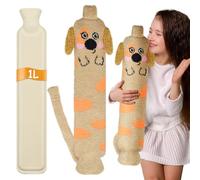 Cyiecw Cartoon Peluche Bouillotte Longue, 1 Litre Bouillotte pour Enfants avec Housse Souple, 57 x 10cm Petite Capacité Tube Bouillotte Animal pour Épaule, Cou (chiot)