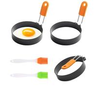 CYIOU 3 Pièces Anneau à Oeuf 9 CM Moule Oeuf au plat Acier Inoxydable + 2 pcs pinceaux Oeuf au Plat Moule Antiadhésif avec Poignée Pliante Résistante à la Chaleur pour Frire des œufs Crêpes Omelettes