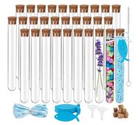 CYIOU 30 Pièces Tube a Essai Plastique 30ml (20x150 mm) Tube à Essai avec Bouchon Liège + 35 pcs étiquettes + 10m Ruban + 2 Pcs Entonnoirs en Plastique Tube Plastique Transparent pour Fleurs Bonbons