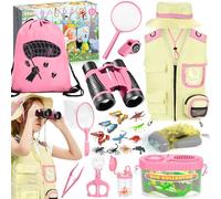 CYJJYZ 23 Pcs Ensemble Explorateur Extérieur Jouets, Kit Exploration Enfant, Kit D'exploration pour Enfants avec Gilet et Chapeau, Jumelles, Loupe, pour Enfants à Partir de 3 Ans (Rose)