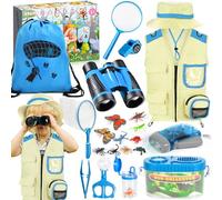 CYJJYZ 23 Pcs Ensemble Explorateur Extérieur Jouets, Kit Exploration Enfant, Kit D'exploration pour Enfants avec Chapeau, Gilet, Jumelles, Loupe, pour Enfants à Partir de 3 Ans (Bleu)