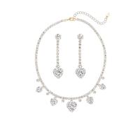 Cykdohy Ensemble de 2 colliers ras du cou et boucles d'oreilles en forme de cœur avec strass étincelants pour mariage, demoiselle d'honneur, fête, bal de fin d'année, bijoux tendance pour femme, one