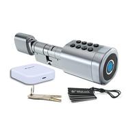 Cylindre de serrure connecté Bluetooth Tuya - Alliage d’aluminium argent aspect inox - Internet via passerelle Bluetooth/Wi-Fi incluse - Accès : Code, badge (4), empreinte, smartphone, clé (2) - IP55