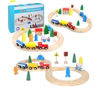 Cylora Circuit Train Enfant, 33 pièces Ensemble Circuit de Train en Bois pour Tout-Petits, Rails en Bois, Thème Ville Urbain Compatible ave Thomas Brio, Cadeaux de Noël Anniversaire pour Enfants