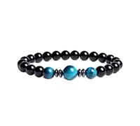 CYLRWSR Bracelet élastique en perles de pierre naturelle fait à la main en agate noire avec trois œil de tigre en cristal - Cadeau de yoga pour homme et femme, 19cm, Pierre, Agate