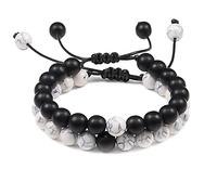 CYLRWSR Lot de 2 bracelets à perles en onyx naturel avec breloque en pierre de tigre pour couple - Bracelets de distance pour femme, homme, ami, cadeau extensible