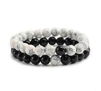 CYLRWSR Lot de 2 bracelets à perles en onyx naturel avec breloque en pierre de tigre pour couple - Bracelets de distance pour femme, homme, ami, cadeau extensible