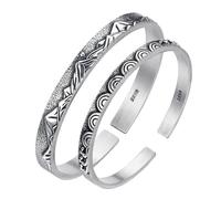 CYLRWSR Lot de 2 bracelets vintage pour couple - Bracelets ouverts assortis avec gravure montagne et vague - Cuivre plaqué argent