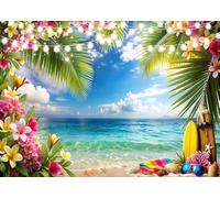 CYLYH Toile de fond pour photographie de plage hawaïenne d'été de 2,1 x 1,5 m, palmiers tropicaux, ciel bleu, océan, planche de surf, fleurs, arrière-plan coloré, décorations de fond D907