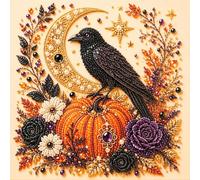 Cymwer Kit de démarrage au point de croix 14 ct avec couronne florale | Toile imprimée 40x40 cm, fil coton, aiguilles, instructions de broderie, série Holiday, ensemble complet inclus (Raven