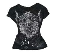 Cynefoa Chemises Y2K Grunge années 2000 Emo Vêtements Adolescentes Filles Vintage Col V Graphique T-shirt à manches courtes Gothique Crop Top Streetwear, Noir 5, S