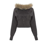 Cynefoa Manteaux courts d'hiver pour adolescent Y2k Fermeture éclair Veste à capuche en fourrure Emo Grunge Crop Manteaux d'hiver pour adolescents années 2000 Vêtements vintage pour femmes Streetwear