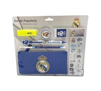 CyP Brands- Real Madrid Set de papeterie, trousse à crayons, caoutchouc, taille-crayon, stylo, surligneur, autocollants, couleur bleue, produit officiel