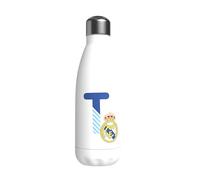 CYPBRANDS Real Madrid Bouteille d'eau en acier inoxydable, fermeture hermétique, lettre T en bleu, 550 ml, Blanc