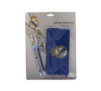 CyP Brands Set de papeterie Real Madrid, trousse triple, crayons, gomme, taille-crayon bleu