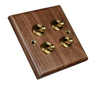 CYRENT Interrupteur mural rétro en bois de noyer - Panneau de commande simple et double pôle - Marron - 86 x 86 mm (4 gangs)
