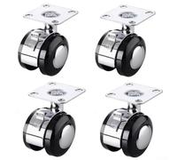 CYRENT Lot de 4 roulettes de meubles en alliage de zinc avec plaque de montage, pivot à 360° et frein pour repose-pieds, table de chevet, noir argenté