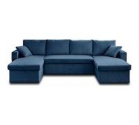 Bestmobilier - Canapé Panoramique en U Convertible avec Coffre Cyrus en Velours Côtelé - Canapé Lit - Grand Sofa XXL Bleu 7 Places - Salon