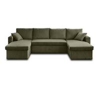 Bestmobilier - Canapé Panoramique en U Convertible avec Coffre Cyrus en Velours Côtelé - Canapé Lit - Grand Sofa XXL Vert 7 Places - Salon