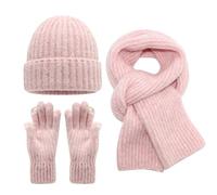 CYUCHENC Ensemble Bonnet écharpe Gants Hiver pour Écran Tactile, Petits Doigts Frais, Chapeau, Écharpe, Trois Pièces, Costume Chaud Simple À La Mode-Rose