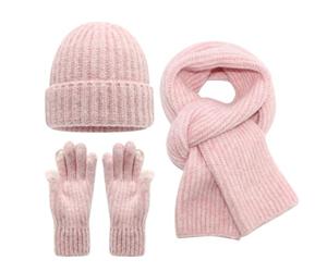 CYUCHENC Ensemble Bonnet écharpe Gants Hiver pour Écran Tactile, Petits Doigts Frais, Chapeau, Écharpe, Trois Pièces, Costume Chaud Simple À La Mode-Rose