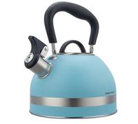 Kinghoff KH-1857 Bouilloire sifflante en acier inoxydable avec poignée rétractable pour toutes les plaques de cuisson, 1,8 l, bleu mat