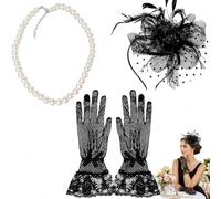 CZAYEFNH Ensemble d'Accessoires de Mode Élégant pour Dames - Manchette Dentelle Noire, Chapeau & Collier Perle pour Afternoon Tea
