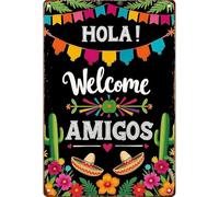 CZMDKEXM Welcome Amigos Funny Metal Sign with Hola Text Wall-Art for Entryway Kitchen Bar Fiesta Decor 8 X 12 in