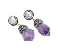 CZMDKEXM White Pearl Purple Amethyst Rough Crystal Paved Silver Stud Earrings