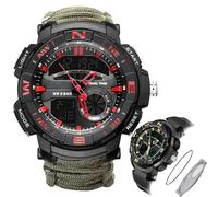 CZMYCBG Montre Numérique Tactique Militaire pour Homme, 7 en 1, Multifonctionnelle, Étanche, Style Camouflage, pour Le Sport, avec LED et Boussole, Bracelet en Paracorde(G-Red)