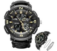 CZMYCBG Montre Numérique Tactique Militaire pour Homme, 7 en 1, Multifonctionnelle, Étanche, Style Camouflage, pour Le Sport, avec LED et Boussole, Bracelet en Paracorde(BK-Gold)