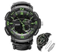CZMYCBG Montre Numérique Tactique Militaire pour Homme, 7 en 1, Multifonctionnelle, Étanche, Style Camouflage, pour Le Sport, avec LED et Boussole, Bracelet en Paracorde(BK-Green)