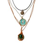 CZMZHFC Collier bohème multicouche pour femme, collier ras du cou avec pendentif soleil en cristal vert et floral, collier plastron ethnique vintage, fait à la main, cadeau rétro pour femme
