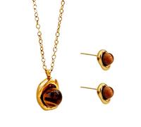 CZMZHFC Ensemble collier et boucles d'oreilles en pierre œil de tigre marron pour femme - Pendentif en pierre précieuse épaisse avec boucles d'oreilles pendantes, bijoux élégants et tendance, superbe