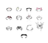CZMZHFC Lot de 8 bagues gothiques vintage en argent pour femme, bague de phalange, ouverture réglable, empilable, style punk, papillon, araignée, croix, cœur, pierre précieuse rouge, Y2K, bijoux