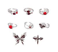 CZMZHFC Lot de 8 bagues gothiques vintage en argent pour femme, bague de phalange, ouverture réglable, empilable, style punk, papillon, araignée, croix, cœur, pierre précieuse rouge, Y2K, bijoux