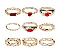 CZMZHFC Lot de 9 bagues en or avec bagues rouges pour femme, motif cœur en cristal, bagues mignonnes et accessoires de phalange