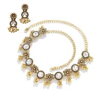 CZMZHFC Parure de bijoux indiens pour femme, collier ras du cou oxydé de style Bollywood, boucles d'oreilles Maang Tikka et Jhumka, ensemble de bijoux de mariage délicat, cadeau traditionnel pour