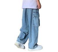 CzooM Jean Baggy pour hommes, pantalon Vintage Hip Hop Y2K, jean droit surdimensionné délavé pour les voyages scolaires, les sports de plein air et le streetwear (Color : Blue, Size : XS)