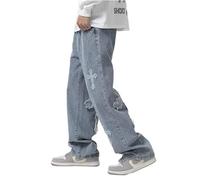 CzooM Jeans Baggy Hip-Hop Cross Patchwork pour Hommes Coupe Ample Pantalon en Denim Droit à Jambes Larges Streetwear Y2K Jeans Casual Jeans Patch au Point de Croix (Color : Blue, Size : S)