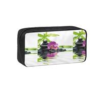 Czqdp Trousse à Crayons Simple et spacieuse en Polyester, Pochette cosmétique Portable avec Fermeture éclair, Inspiration Bien-être Asiatique avec Pierres de Massage Zen, orchidée Violette