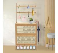 czyuRachel Armoire à chaussures étroite avec crochets, armoire à chaussures basculante monocouche en bambou et panneau composite, étagère à chaussures intégrée pratique pour pantoufles, sacs, écharpes