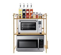 czyuRachel Étagère extensible à 2 niveaux pour micro-ondes, plan de travail de cuisine avec crochets, couleur bois