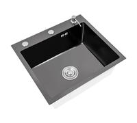 CzyuRachel Évier de cuisine, en acier inoxydable, noir, 46 x 35,5 cm, avec tuyau d'évacuation, tuyau de trop-plein, panier filtrant, distributeur de savon, tube anti-odeurs en forme de V, montage en