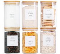 CZZGSM Lot de 6 bocaux de rangement carrés en verre avec couvercles hermétiques en bambou et 132 étiquettes de garde-manger - Boîtes en verre de 1000 ml avec couvercles en bois - Boîtes de rangement