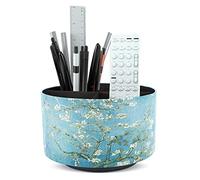 Czzmy Porte-stylo rond en cuir, rotatif à 360°, support de télécommande, table de chevet, télécommande TV, organisateur de bureau pour stylos, fournitures de bureau, boîte de rangement (1 fleur de