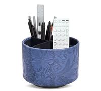 Czzmy Rotation range télécommande,Circulaire Support de télécommande en PU Cuir avec 4 Compartiments,Organisateur de bureau multifonction pour TV telecommande,Lunettes,Crayons(1-sculpté bleu)